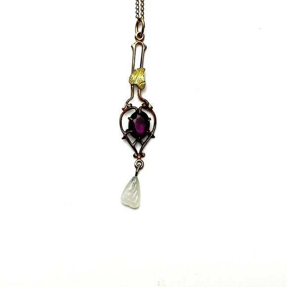 Antique Art Nouveau Amethyst and Opalescent Glass Pendant: Gold Filled Necklace - Picture 10 of 12